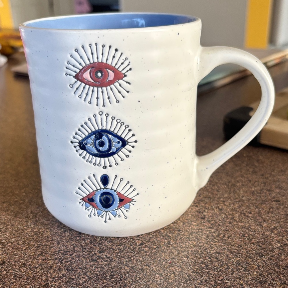 Bohemian Traders Mug with Eye Design - Cream, Blue, and Red